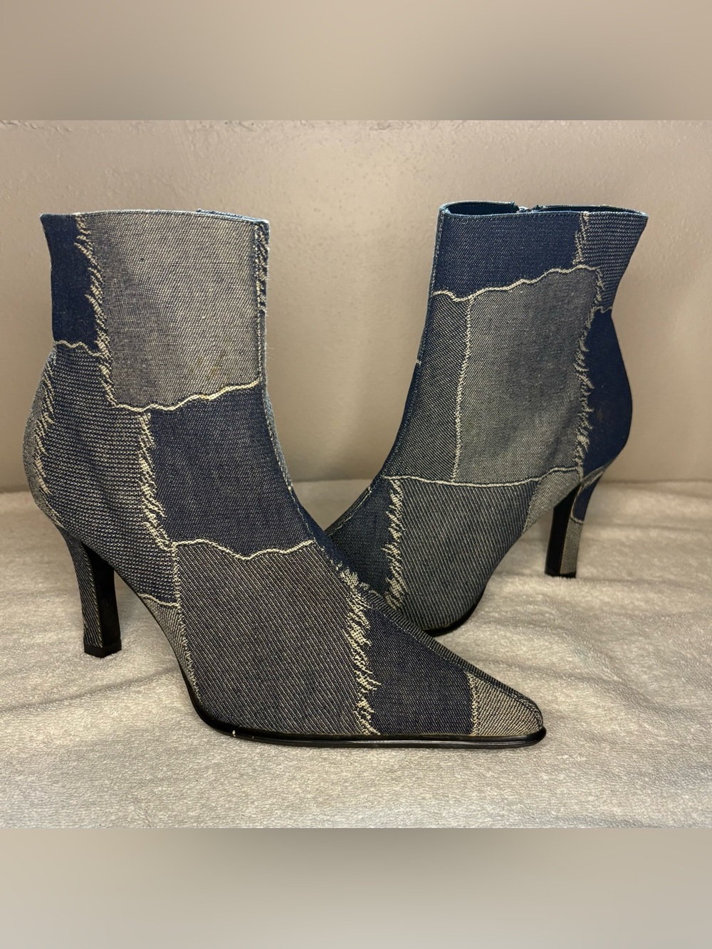 MANGO Patchwork Denim Pointed Toe Heeled Ankle Boots Size 8